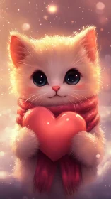 Luminous White Kitten Holding Red Heart.