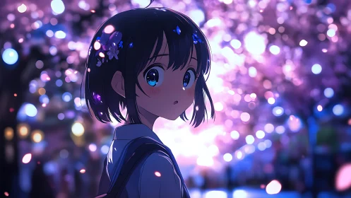 Soft spring twilight surrounds a shy girl under cherry trees