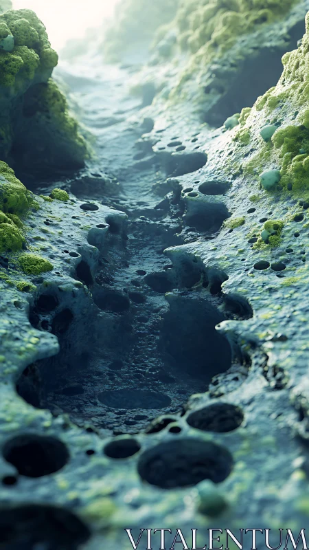 Alien moss canyon with eroded pools and misty light.