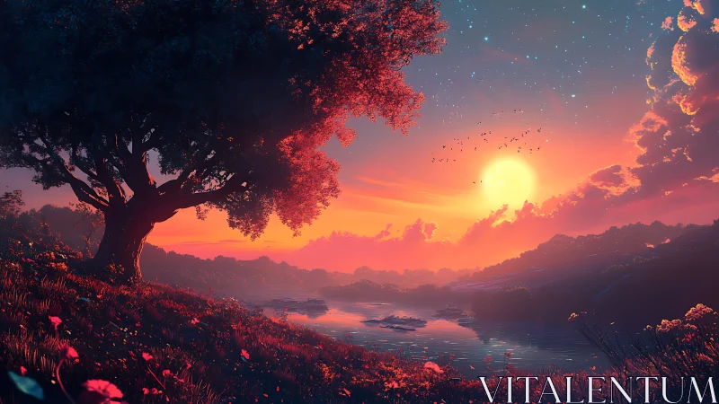 Radiant riverine sunset beneath chromatically lit tree canopy.