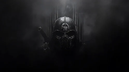 Shadowed dark warrior emerging through drifting smoke.