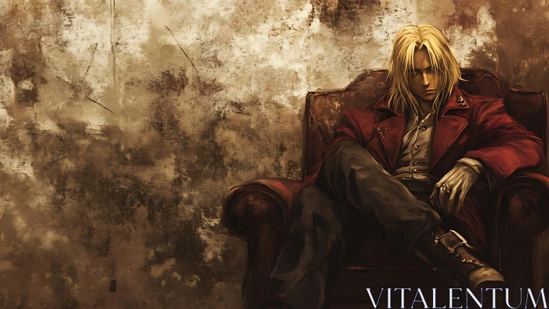 Seated blond antihero in red coat against distressed wall.