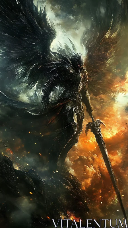Stormlit dark angel warrior rises with a blazing greatsword