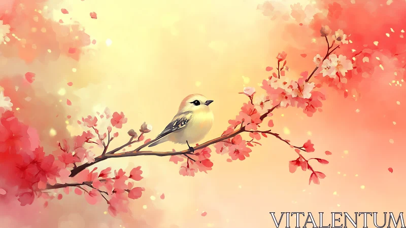 Delicate Bird Perched Among Blooming Cherry Blossoms.