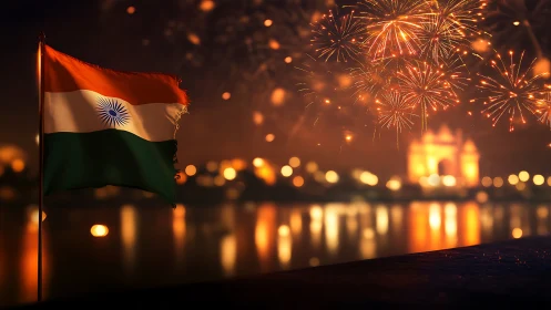 Indian flag waves beside city waterfront under fireworks