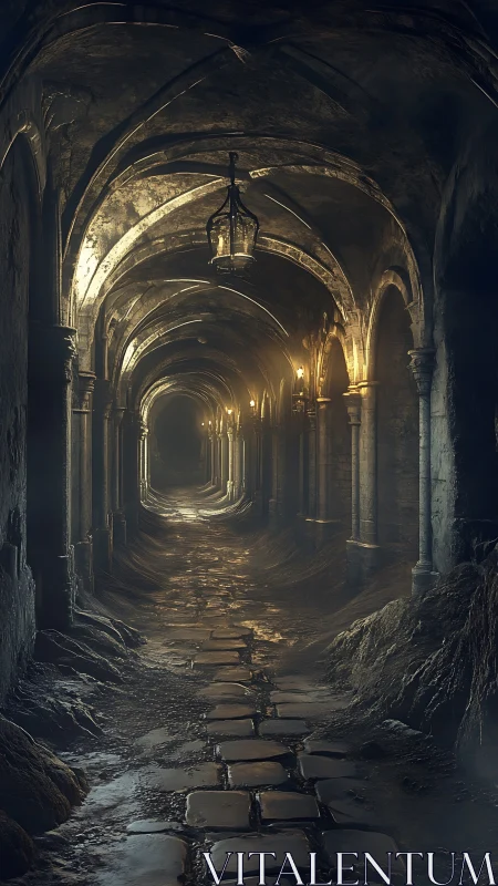 Lantern light guides a misty stone corridor into deep mystery