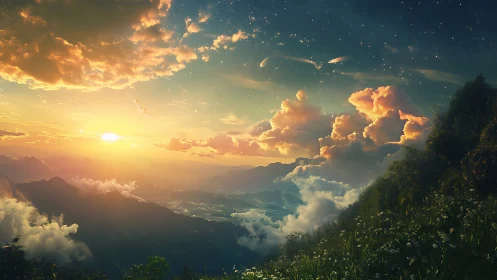 Sunrise stitches mountains, clouds, and distant planets together