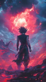 Warrior confronts blazing cosmic vortex in storm sky