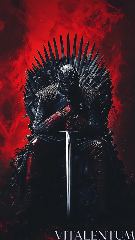 Armored dark lord sits on spiked iron throne gripping sword