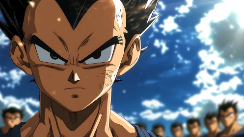 Intense anime warrior close-up under bright clouded sky