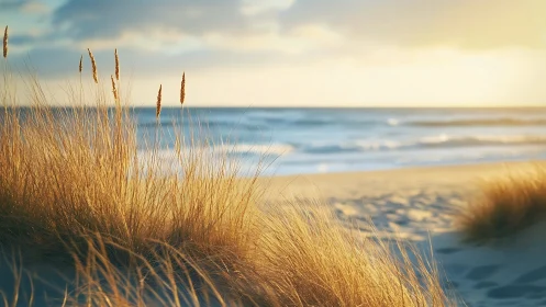 Coastal sand dune grasses in golden hour backlight by sea