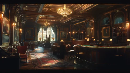 Luxurious vintage casino lounge glows under crystal chandeliers