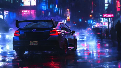 Neon-lit sports sedan in rainy cyberpunk city street scene.