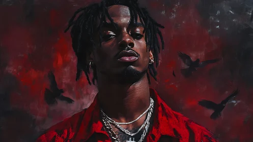 Intense portrait of defiant man against red raven sky