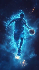 Basketball player silhouette in blue plasma energy field.