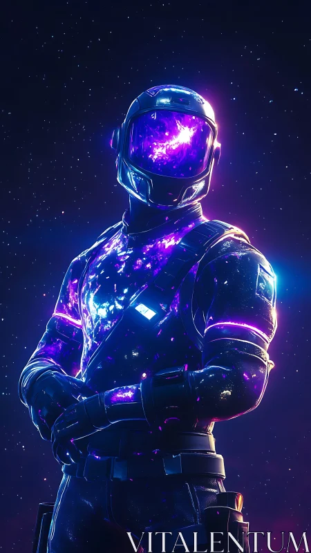 Astronaut in glowing cosmic suit stands against starfield