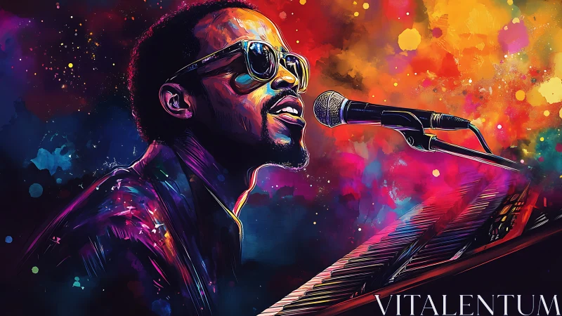 Musician sings at keyboard in vivid neon digital portrait