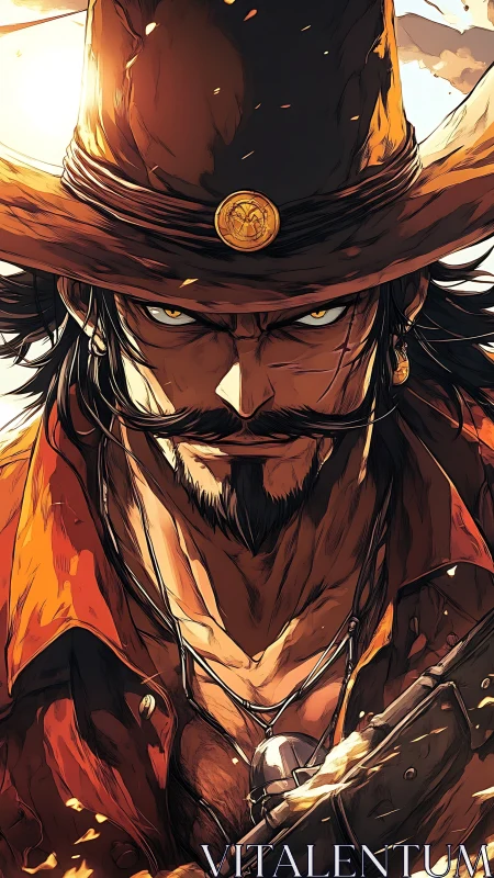Scarred outlaw gunslinger glares through blazing sunset heat