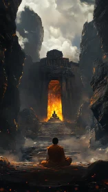 Monk before flaming mountain shrine and luminous gateway.
