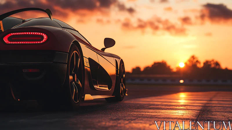 Sunlit hypercar silhouette on glossy racetrack at dusk.