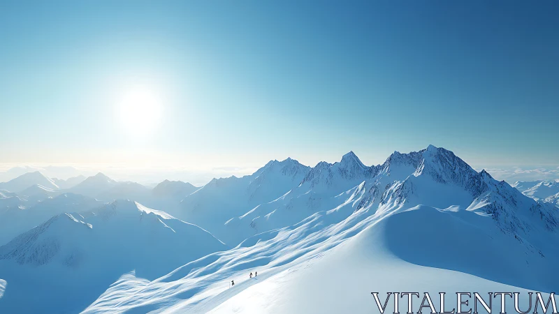 Snowbound climbers cross a sunlit ridge in silent alpine calm