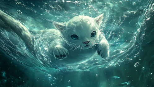 White Cat Swimming Underwater in Turquoise Water.