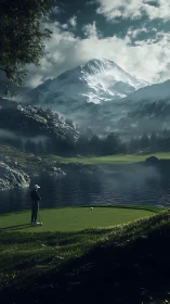 Golfer on lakeside green beneath snowcapped mountain peak.