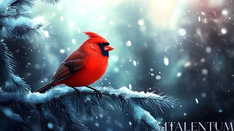 Vibrant red cardinal on snowy pine branch, digital winter art.