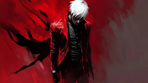 White haired figure in red coat stands against abstract red field