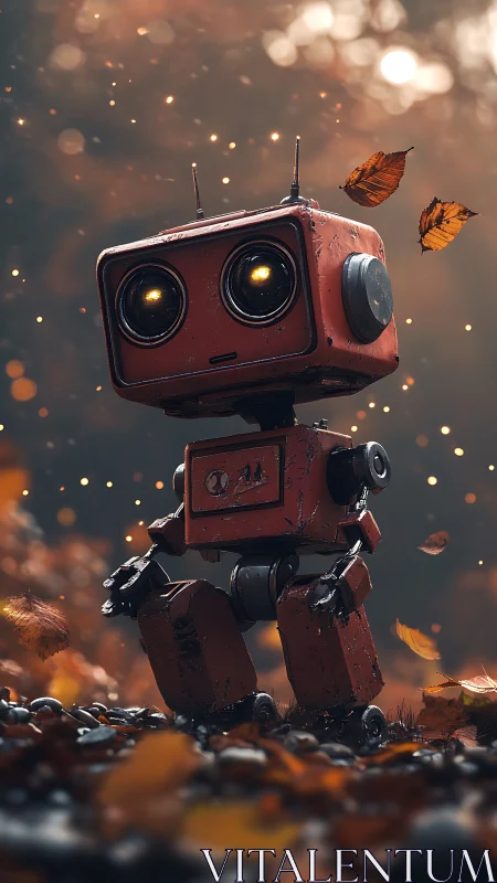 Curious little red robot wanders gently through autumn leaves