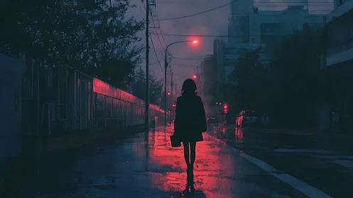 Silhouette walks alone on wet street under red streetlights
