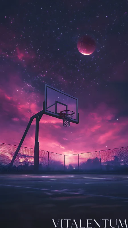 Basketball hoop under starry magenta night sky scene.