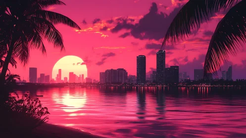Neon tides serenade a city skyline under candy skies