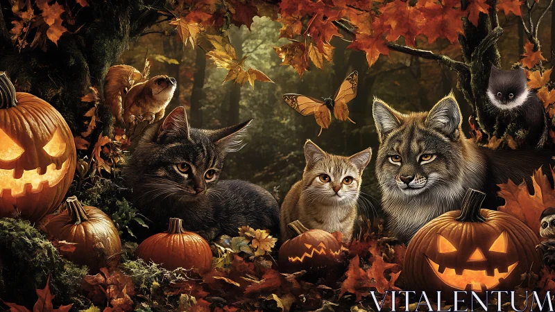 Autumn Nocturne: Felines and Jack-O'-Lanterns in Enchanted Forest.