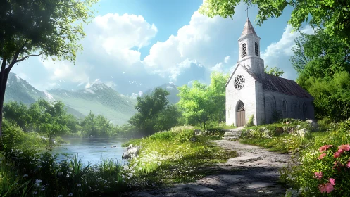 Rural riverside chapel under bright sky in lush valley.