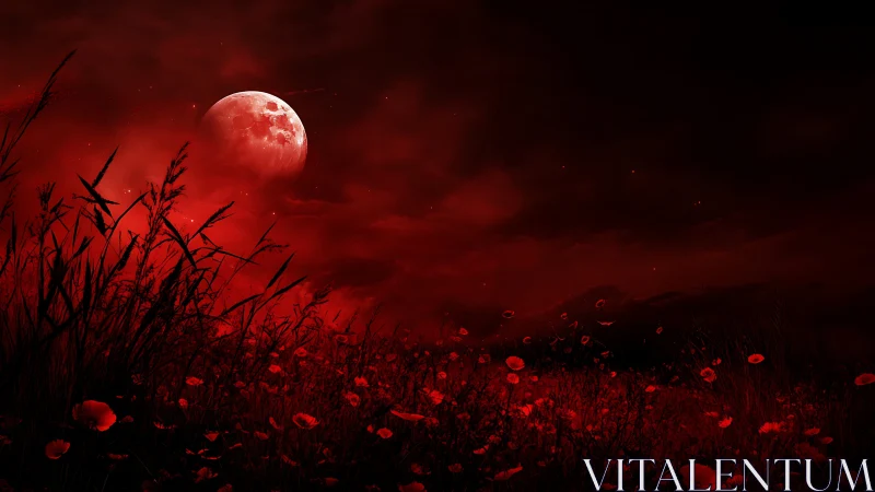 Bloodlit moon rising over a scarlet field of restless poppies.