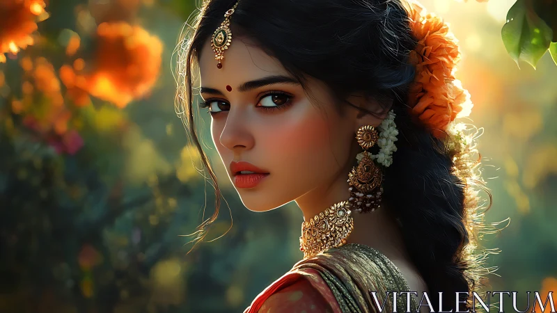 Portrait of a serene woman in sunlit floral garden setting.