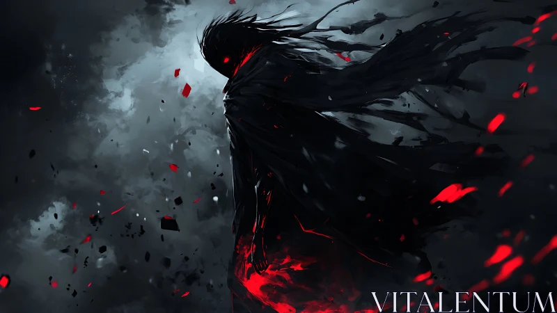 Shadowed wanderer wrapped in swirling crimson embers.