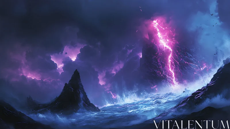 Violet lightning tears through storm-wracked ocean peaks.