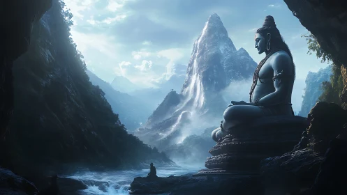 Large mountain statue overlooks misty river valley scene