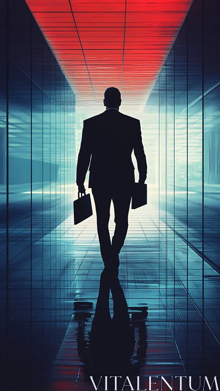 Silhouetted Executive Navigates Luminous Corporate Corridor.