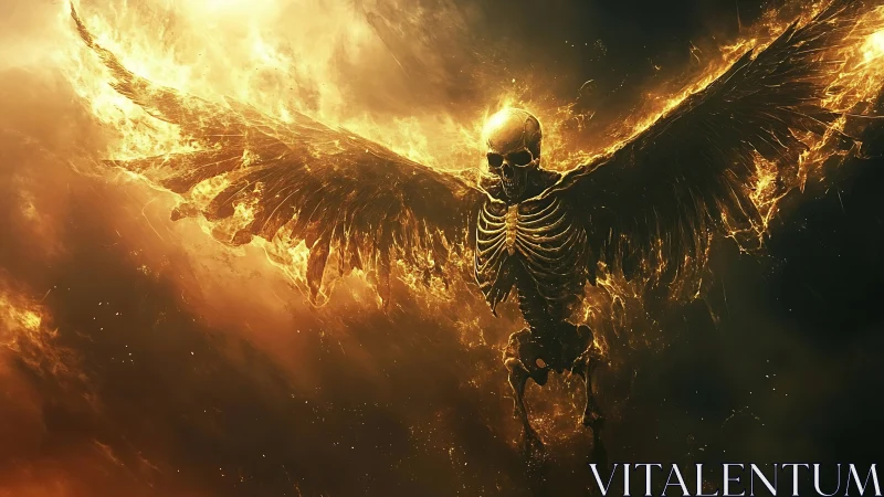 Flaming skeletal seraph erupts from a storm of molten dusk.
