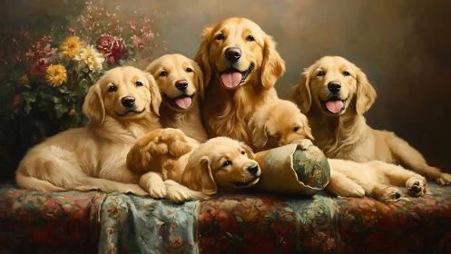 Golden retriever family sharing cozy cuddles and smiles.