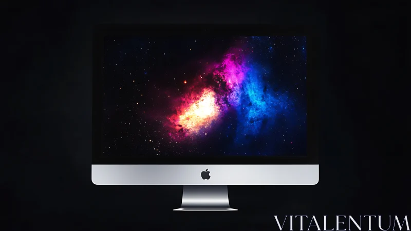 Radiant galaxy glows across a sleek desktop computer screen