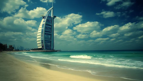 Sail-shaped Dubai hotel beside turquoise Arabian Gulf shoreline.