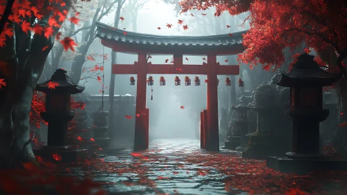 Red torii gate stands in misty forest shrine path with lanterns
