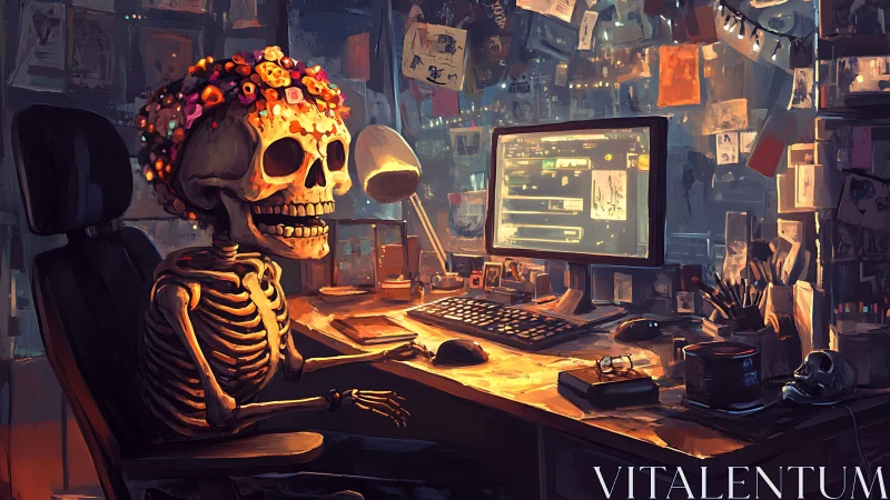 Skeletal digital artist at cluttered workstation, neon-lit studio