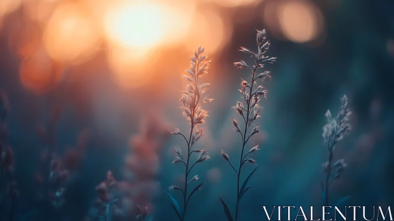 Sunlit meadow stems in dreamy teal and amber haze.