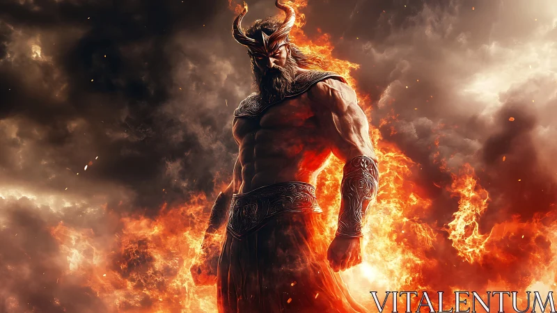 Horned fiery warrior god stands within swirling flames.