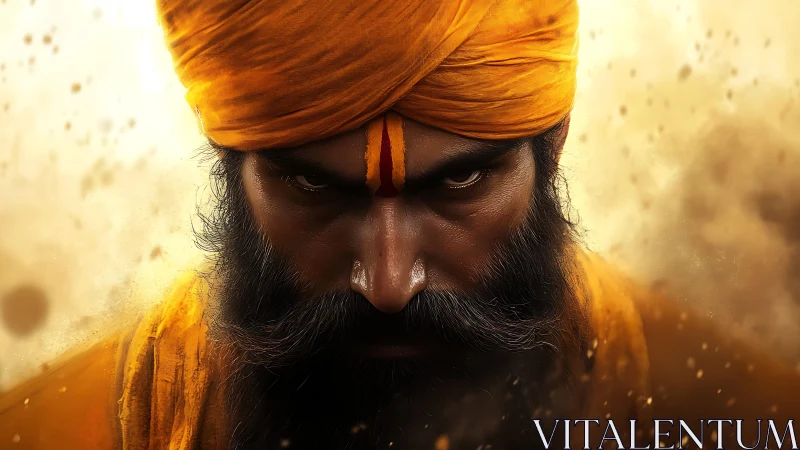 Intense bearded man in orange turban with fierce stare.